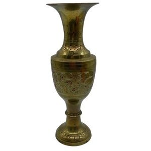 Brass Etched with White and Red Inlay Leaf Pattern Vase